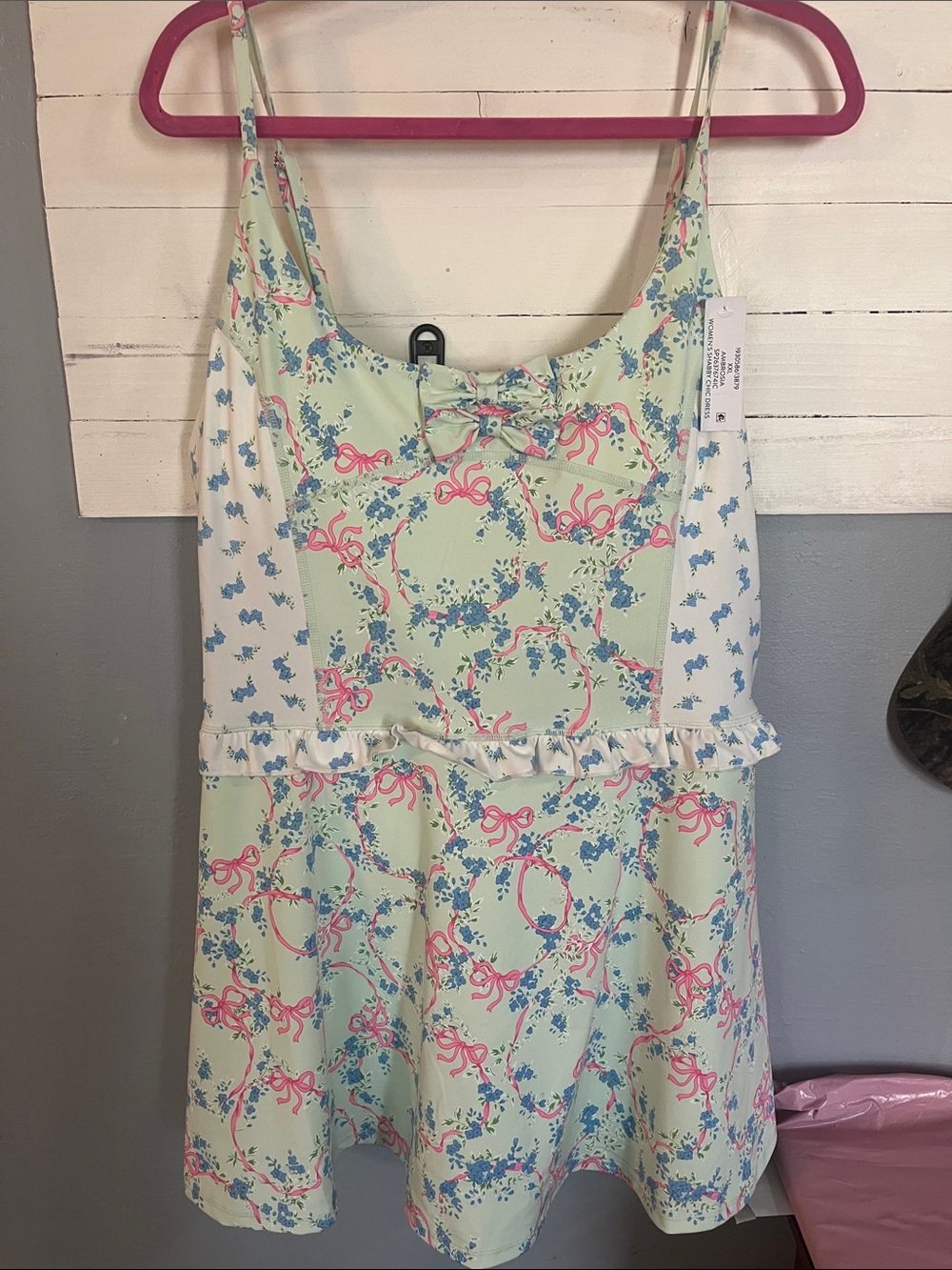 Shabby Chic Mint Dress with Pink Bow & Blue Floral Print